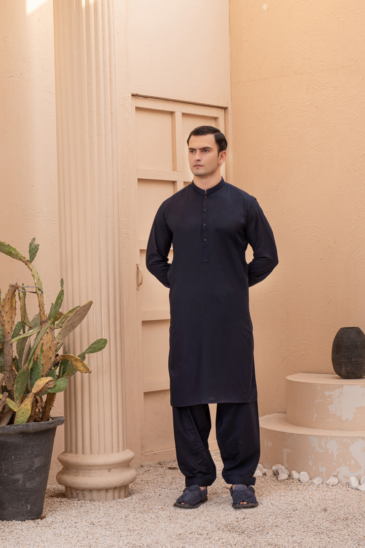 Prime Wash & Wear Embroidered Stitched Suit – Dark Blue