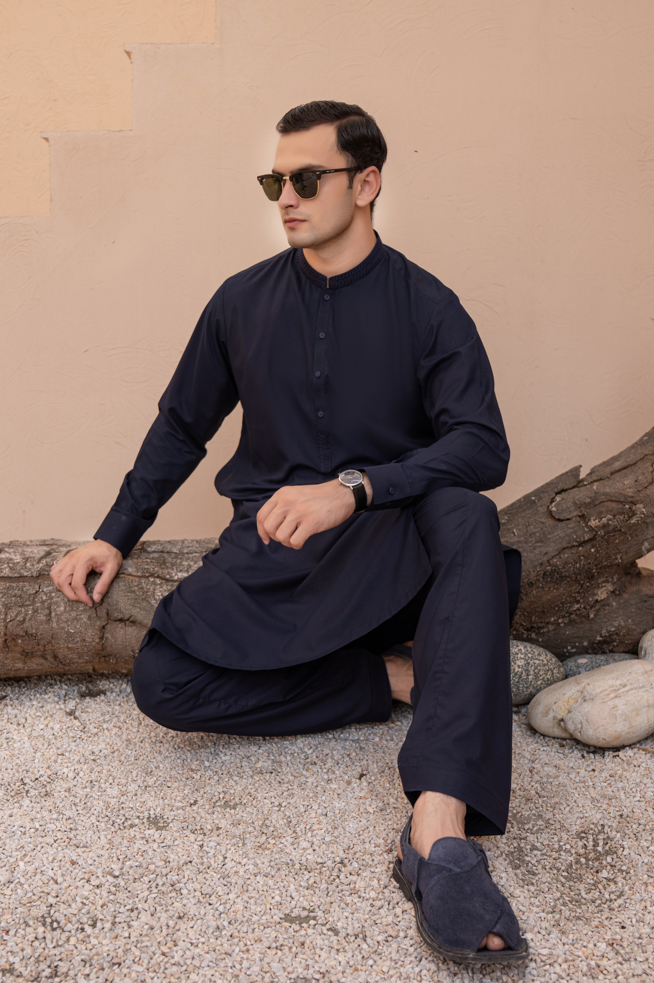 Prime Wash & Wear Embroidered Stitched Suit – Dark Blue