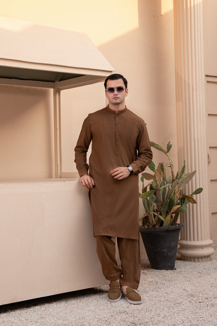 Prime Wash & Wear Embroidered Stitched Suit – Coco Brown
