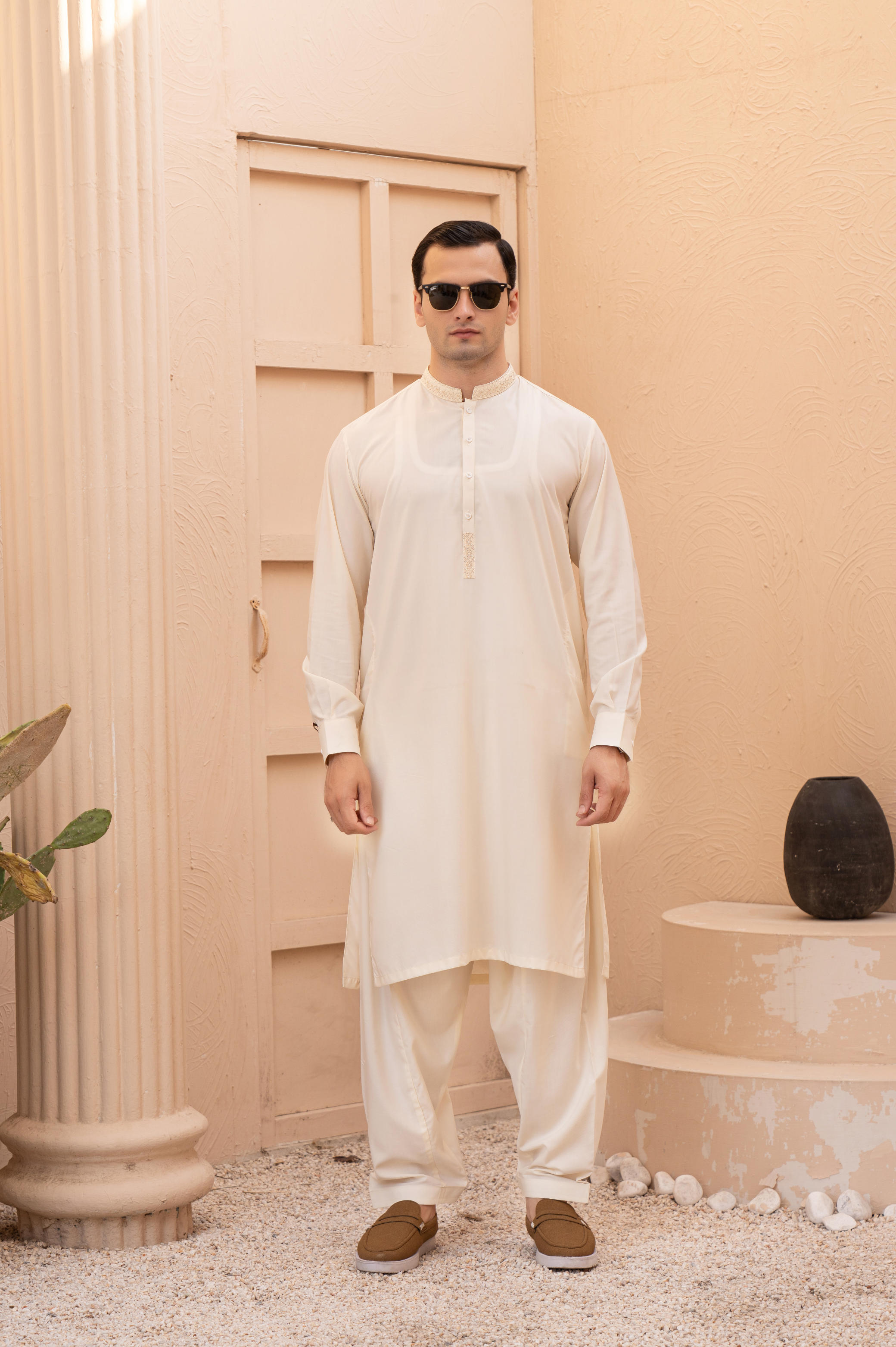 Prime Wash & Wear Embroidered Stitched Suit – Cream