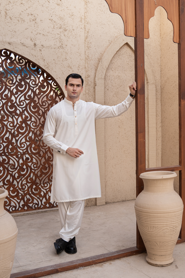 Prime Wash & Wear Plain Stitched Suit – Off-White