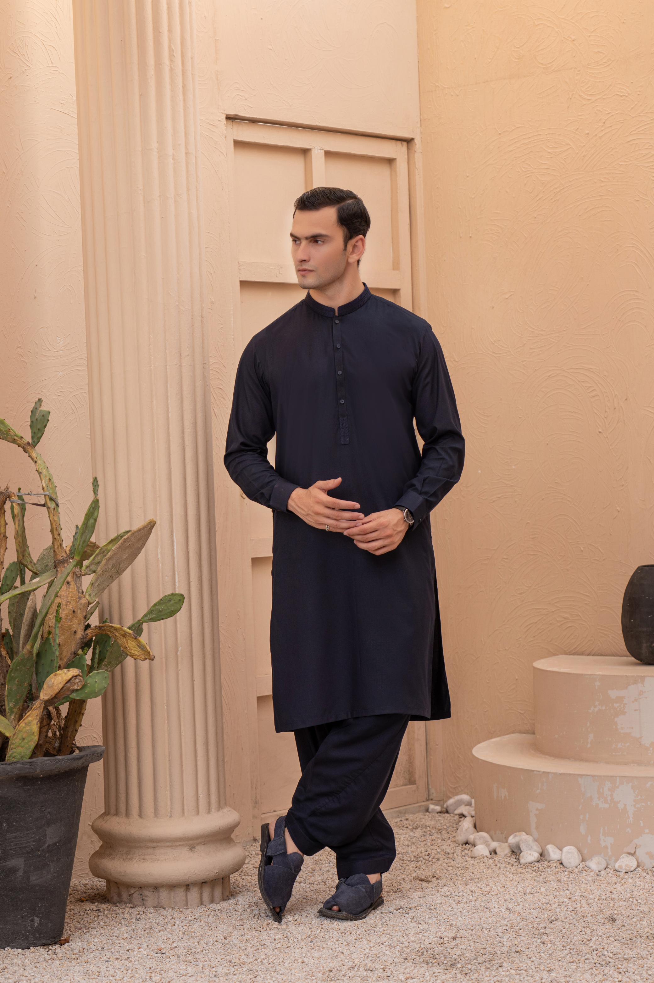 Prime Wash & Wear Embroidered Stitched Suit – Dark Blue